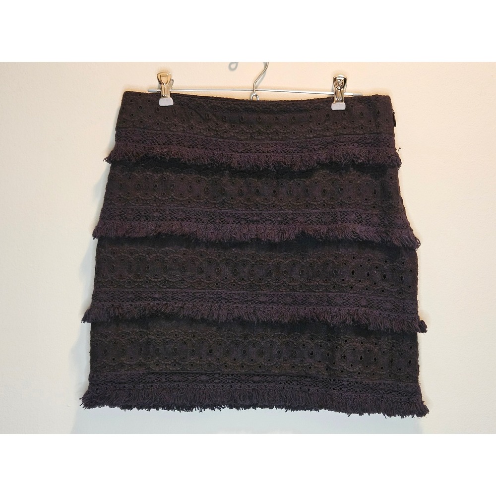 HD in Paris Anthropologie Black Eyelet Fringe Tiered Linen Blend Mini Skirt 8